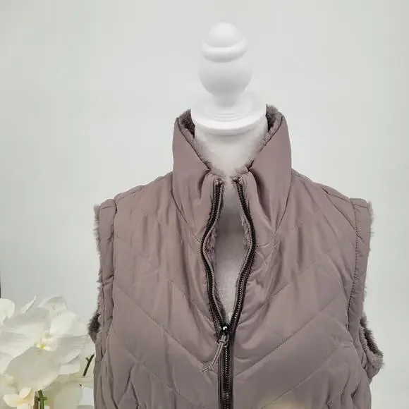 NWT Free Country Taupe Quilted Faux Fur Reversible Zip Puffer Vest Size L - Picture 3 of 13